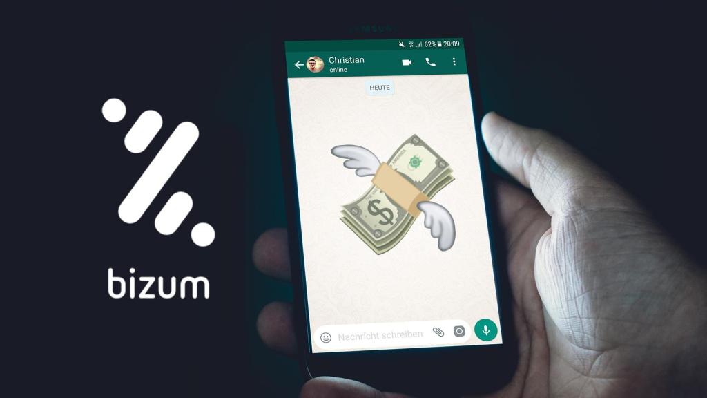 Logo de Bizum junto a una conversación de WhatsApp..