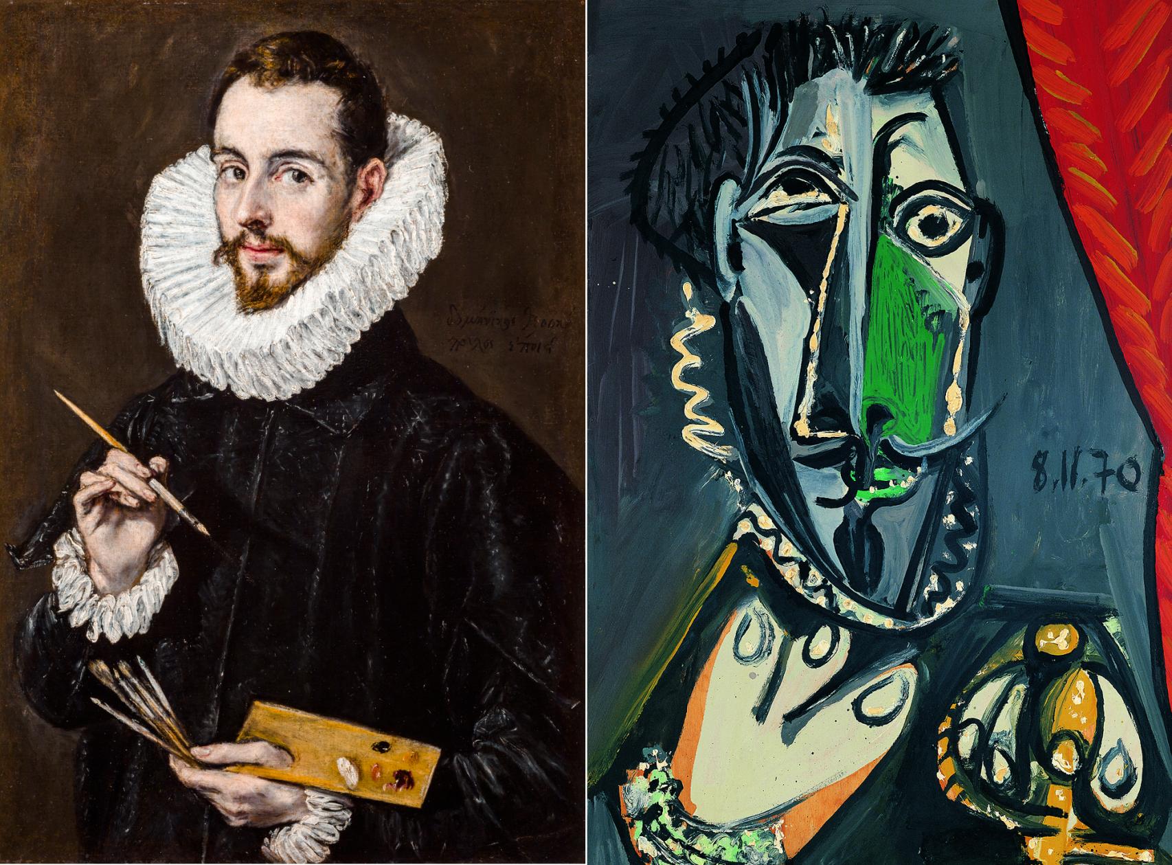 El Greco: 'Retrato de Jorge Manuel Theotocópuli (1600-1605) y, a la derecha, Pablo Picasso: 'Busto de hombre Mougins' (1970)