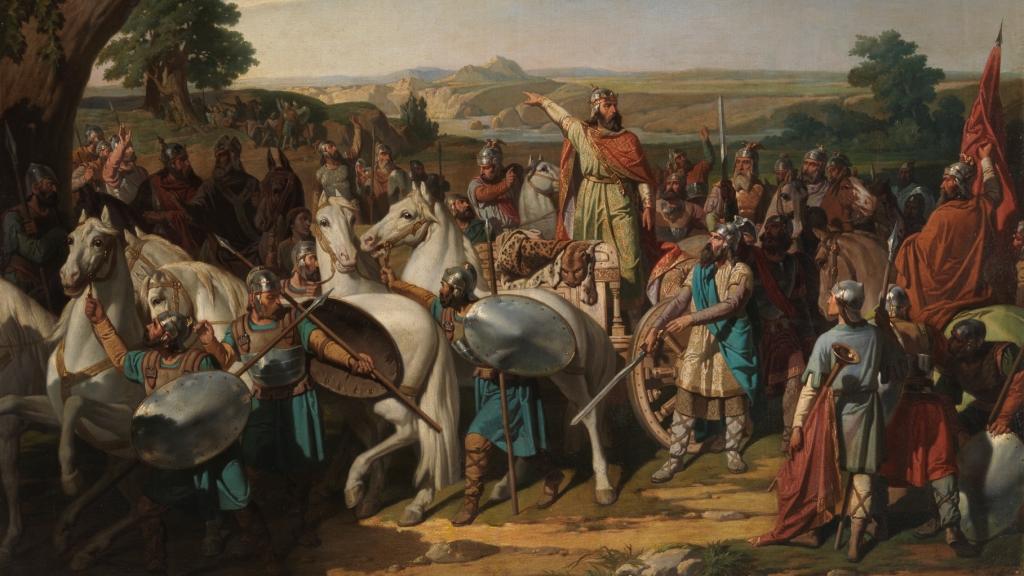 'El rey don Rodrigo arengando a los jefes de su ejército antes de dar la batalla del Guadalete', un cuadro de Bernardo Blanco y Pérez.