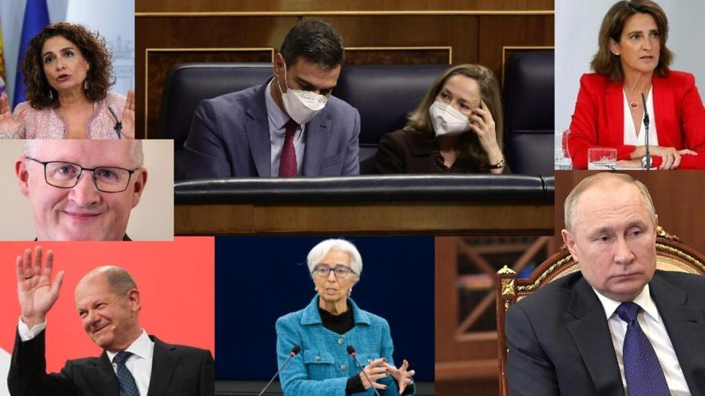 María Jesús Montero, Pedro Sánchez con Nadia Calviño, Teresa Ribera, Philip Lane, Olaf Scholz, Christine Lagarde y Vladimir Putin.