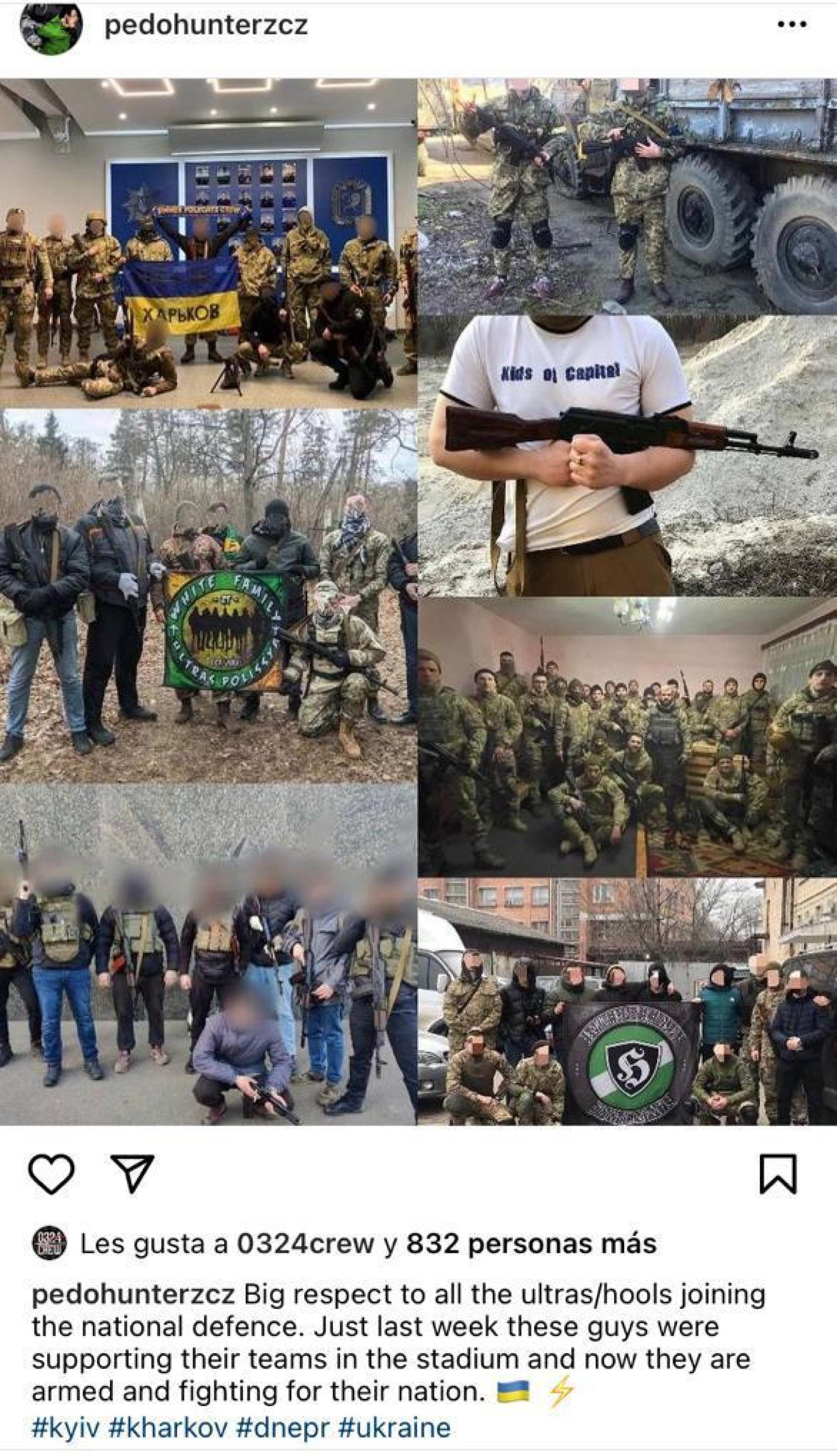 Captura de Instagram en la que aparecen varios grupos de ultras de fútbol que supuestamente están combatiendo en Ucrania.