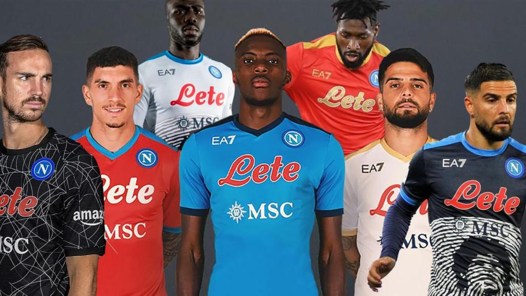 Fotomontaje con algunas de las versiones de la camiseta del Napoles en la temporada 2021/22