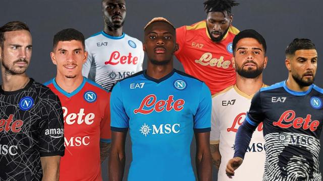 Fotomontaje con algunas de las versiones de la camiseta del Napoles en la temporada 2021/22