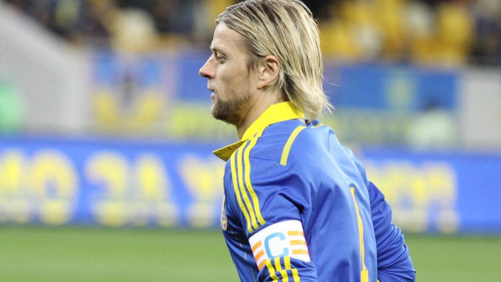 Anatoliy Tymoshchuk durante un partido con la selección de Ucrania como capitán