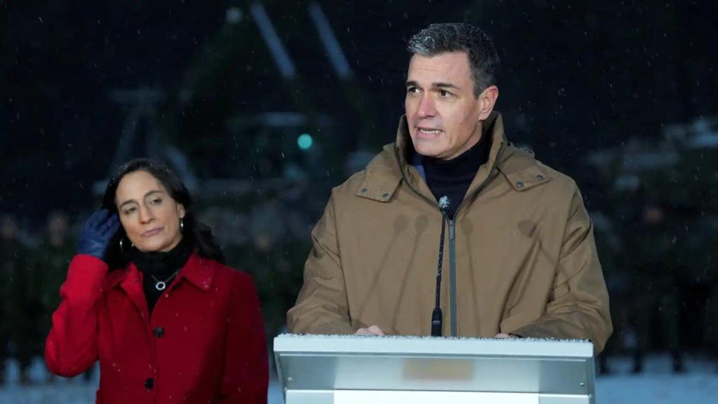 Pedro Sánchez y, al fondo, Anita Anand