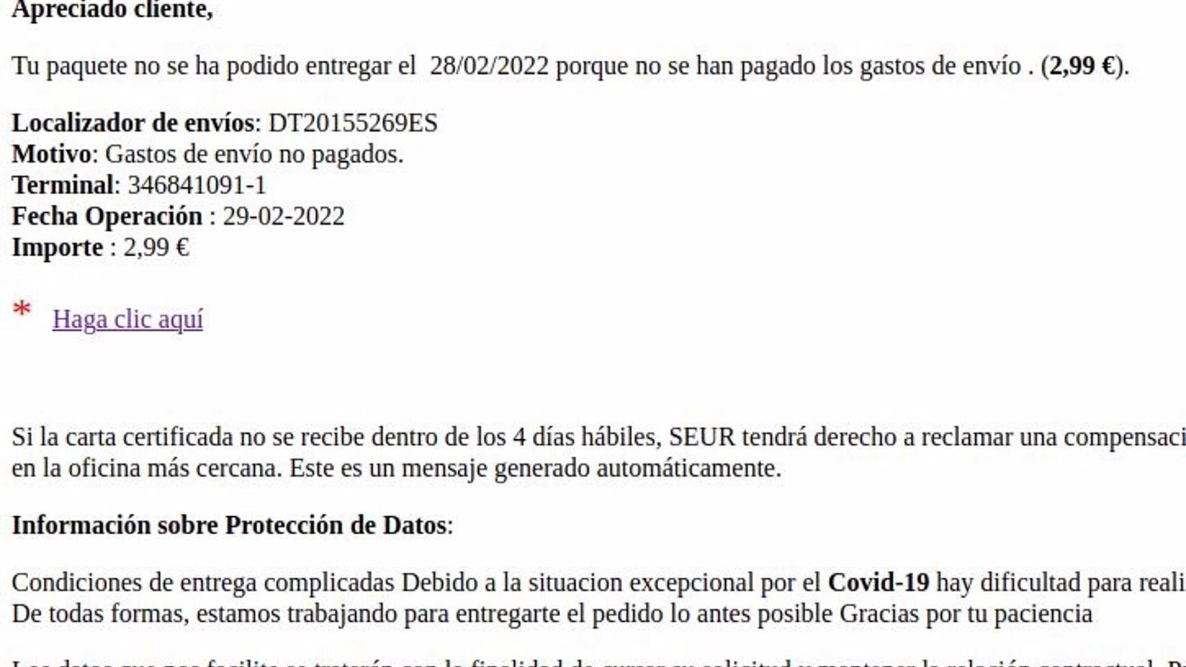 Correo fraudulento en intento de phising. Foto: Guardia Civil