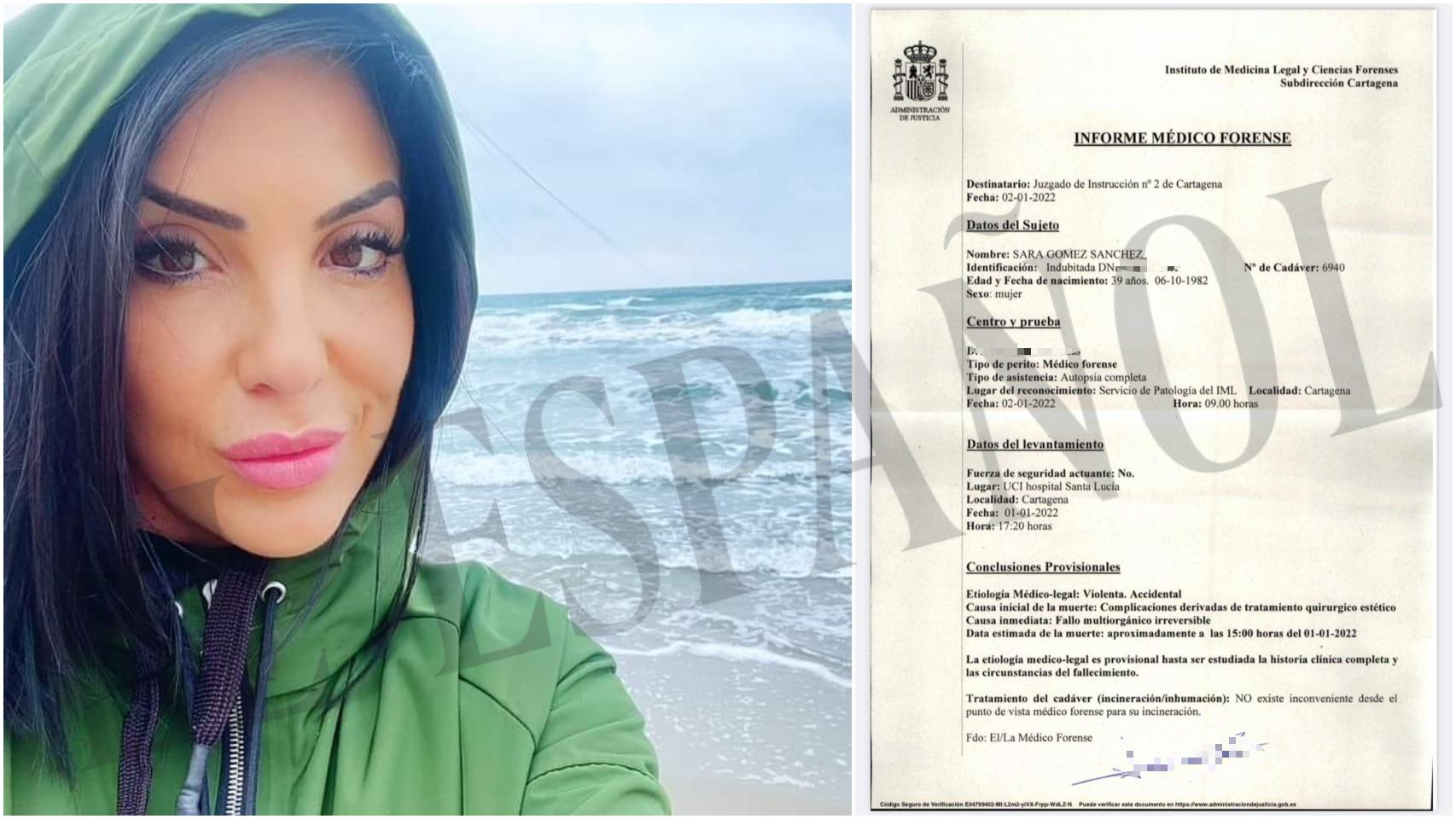 Sara junto a la autopsia que refleja como causa inicial de su muerte complicaciones derivadas de tratamiento quirúrgico estético.