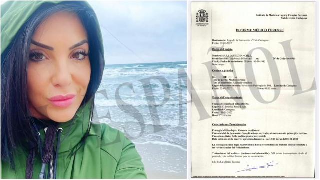 Sara junto a la autopsia que refleja como causa inicial de su muerte complicaciones derivadas de tratamiento quirúrgico estético.