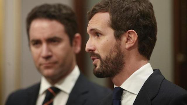 El todavía presidente del PP, Pablo Casado, y el exsecretario general del partido, Teodoro García Egea. EP