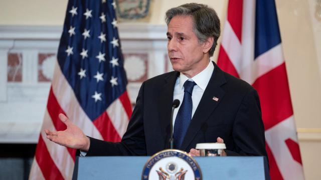 El secretario de Estado de EEUU, Anthony Blinken, durante la rueda de prensa que ha ofrecido junto a Liz Truss.