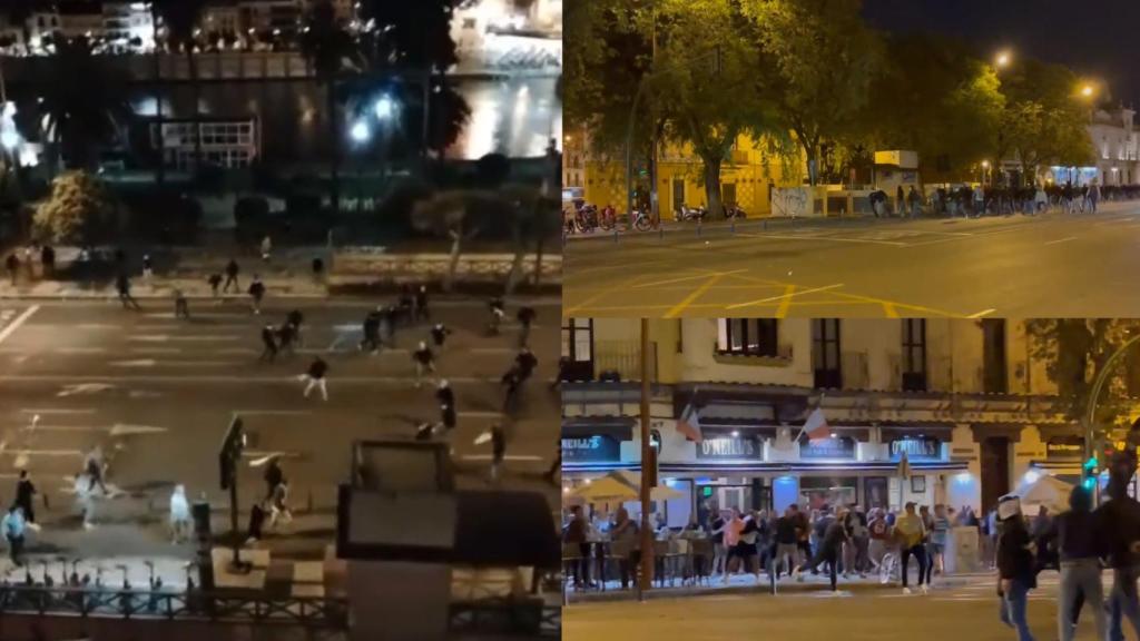 Tres escenas de la batalla campal en Sevilla entre seguidores del Eintracht y del West Ham.