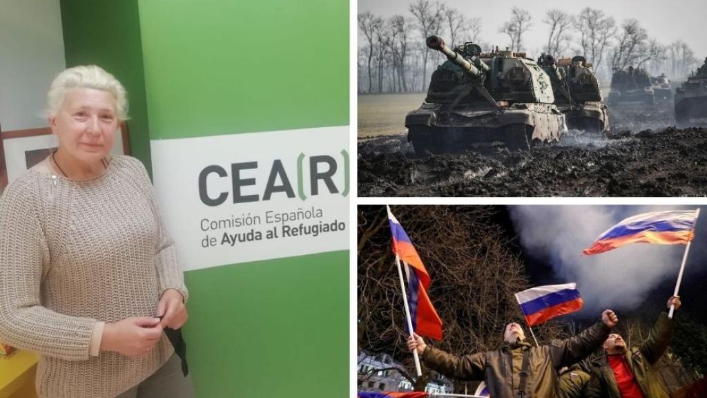 Collage con una imagen de Olena en la sede de CEAR Málaga y fotografías del conflicto.
