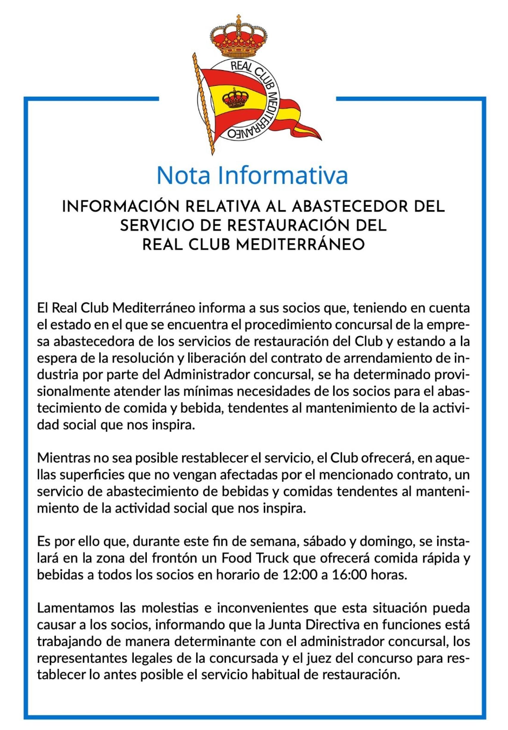 Comunicado remitido por el Club Mediterráneo de Málaga a sus socios.
