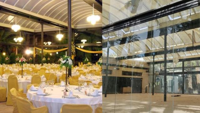 A la izquierda, el salón exterior del Parque Municipal cuando lo regentaba el Datil de Oro hasta 2018. A la derecha, su estado de abandono actual.