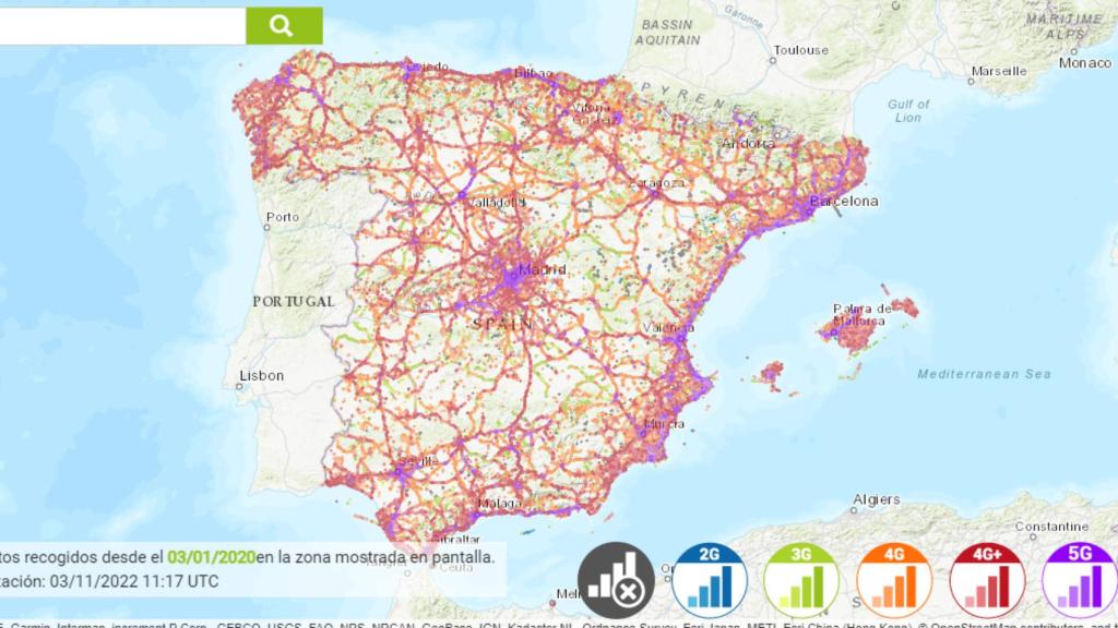 El mapa representa las velocidades en recepción en la red móvil 2G, 3G, 4G y 5G.