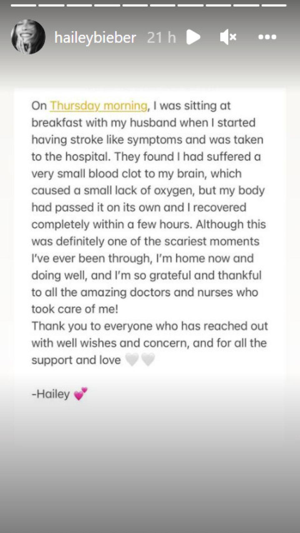 El mensaje que ha publicado Hailey Baldwin en sus redes sociales.