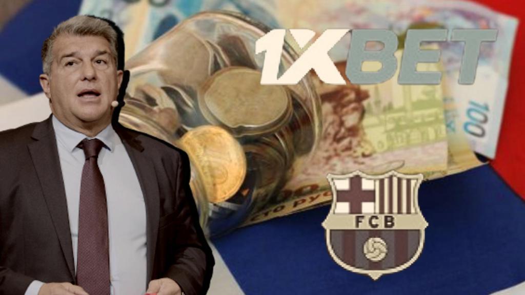 Joan Laporta, en un fotomontaje con rublos rusos sobre una bandera de Rusia y el logo de 1xBet.