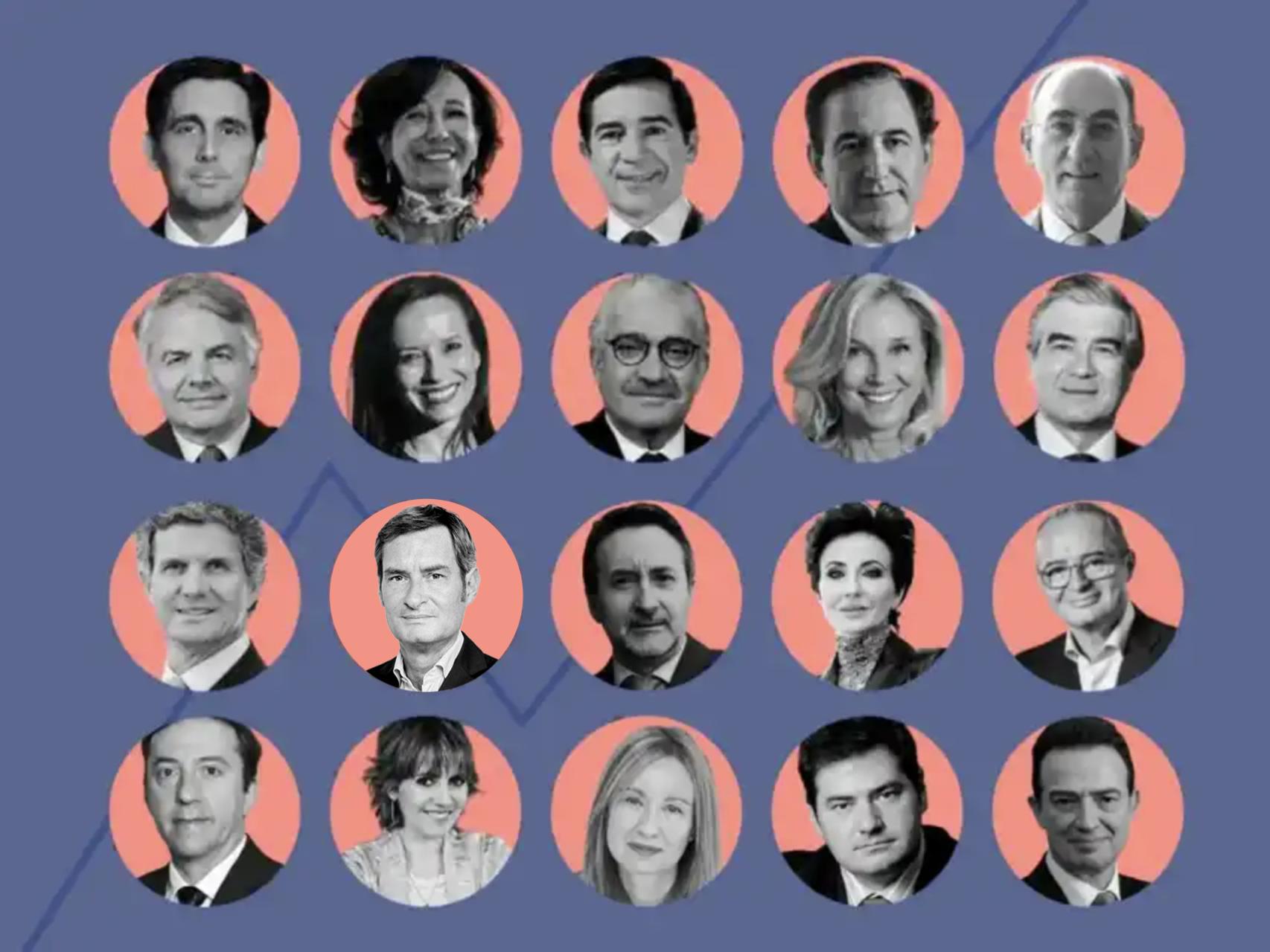 Arriba, de izquierda a derecha: José María Álvarez-Pallete, Ana Botín, Carlos Torres, Antonio Huertas e Ignacio Galán. Abajo, Ignacio Garralda, Beatriz Corredor, José Bogas, Dolores Dancausa y Francisco Reynés. A continuación, de izquierda a derecha: Francisco Riberas, Víctor del Pozo, Josu Jon Imaz, Almudena López y Albert Triola. Abajo, Ricardo Domínguez, Rosa Tous, Loreto Ordóñez, Andrés Vicente y Arturo Gonzalo Aizpiri.