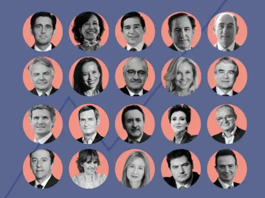Arriba, de izquierda a derecha: José María Álvarez-Pallete, Ana Botín, Carlos Torres, Antonio Huertas e Ignacio Galán. Abajo, Ignacio Garralda, Beatriz Corredor, José Bogas, Dolores Dancausa y Francisco Reynés. A continuación, de izquierda a derecha: Francisco Riberas, Víctor del Pozo, Josu Jon Imaz, Almudena López y Albert Triola. Abajo, Ricardo Domínguez, Rosa Tous, Loreto Ordóñez, Andrés Vicente y Arturo Gonzalo Aizpiri.
