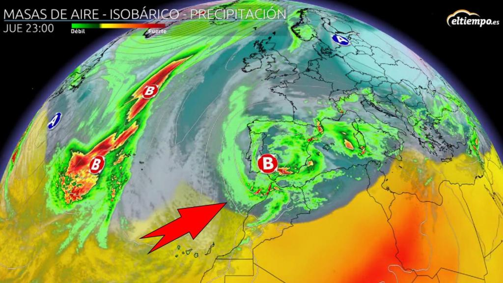 Las masas de aire húmedo y frío impulsadas por la borrasca Celia. Eltiempo.es.