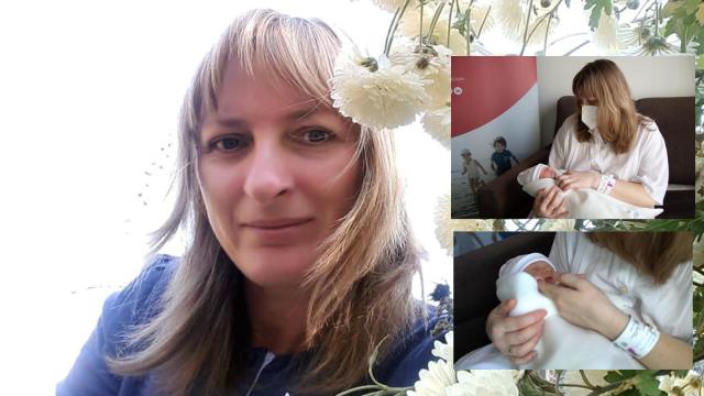 Mariia, en un montaje con su bebé nacido en España.