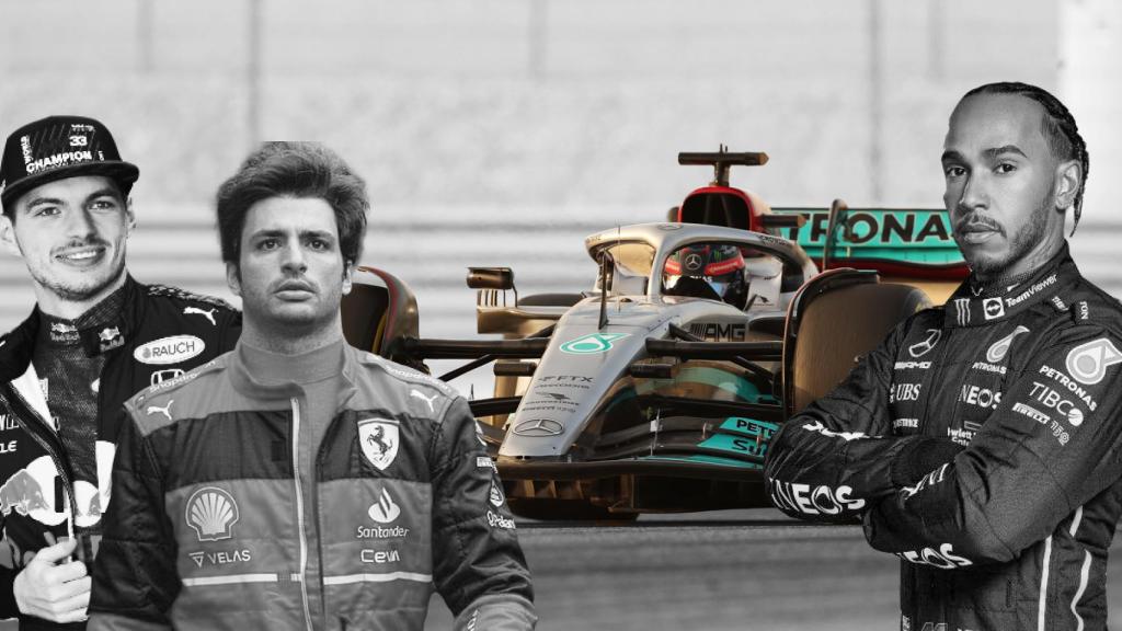 Max Verstappen, Carlos Sainz y Lewis Hamilton, en un fotomontaje junto al Mercedes W13