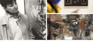 Collage con imágenes de sus obras y Juana Francés en una fotografía.