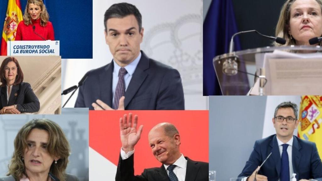 Yolanda Díaz, Pedro Sánchez, Nadia Calviño, Cani Fernández, Teresa Ribera, Olaf Scholz y Félix Bolaños.