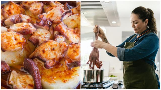 A la izquierda, un plato de pulpo á feira y, a la derecha, una cocinera cociendo el producto.
