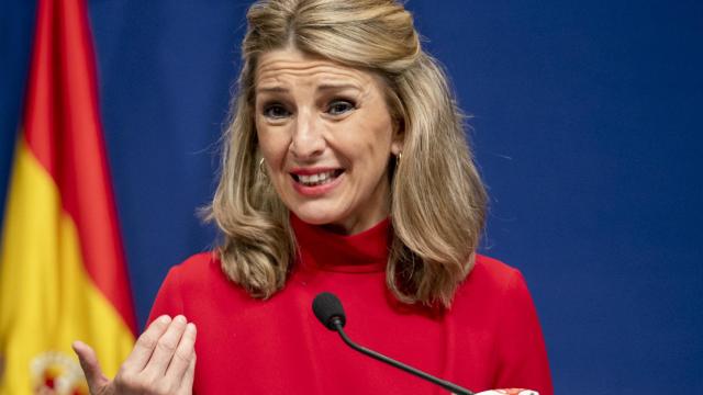 Yolanda Díaz en una comparecencia tras reunirse con sus homólogos de Portugal y de Italia.