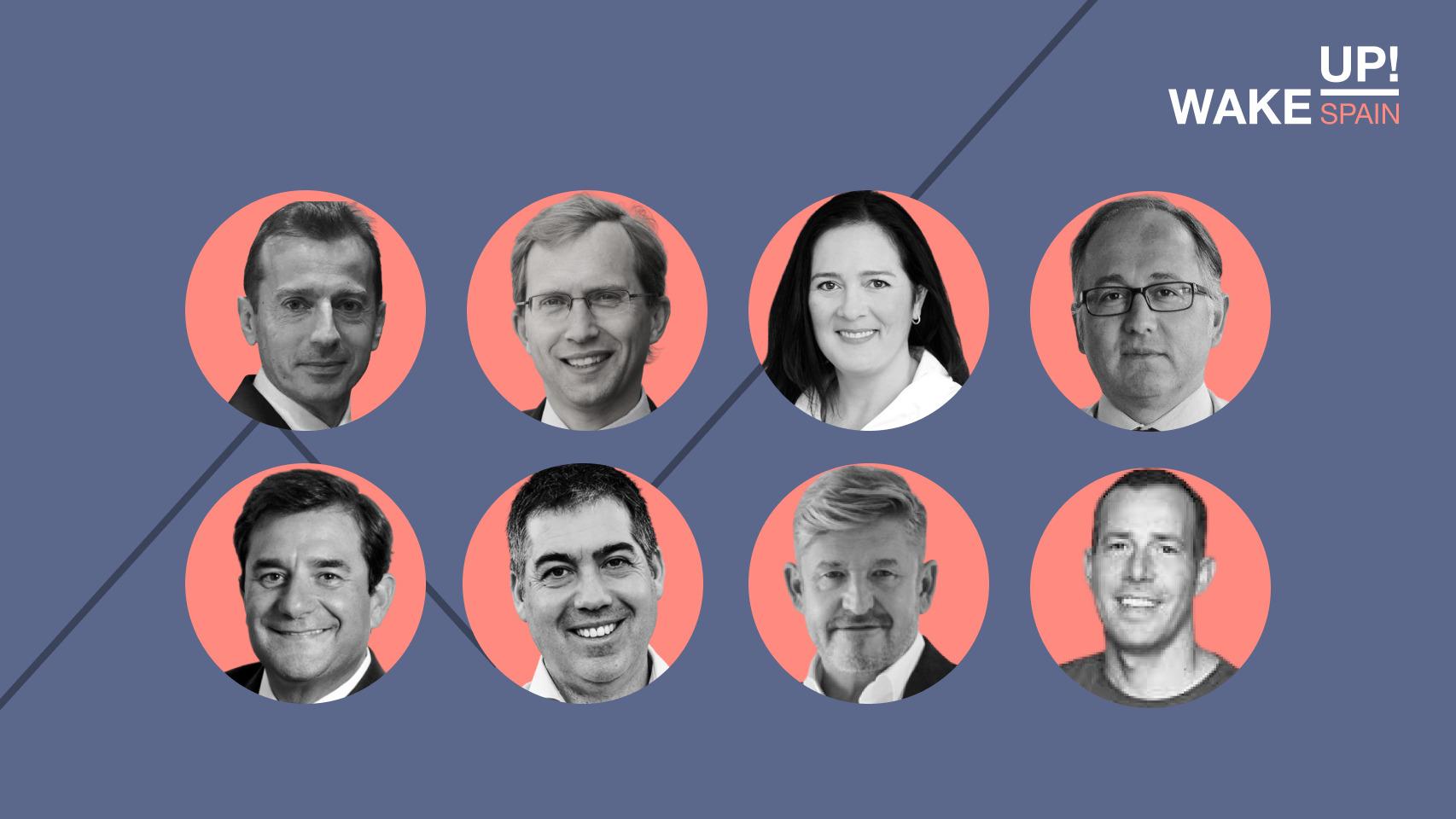 De arriba abajo y de izquierda a derecha: Guillaume Faury, Henri Poupart-Lafarge, M-K Kennedy, Luis Gallego, César Cernuda, Martín Umarán, Wayne Griffiths y Javier Oliván..