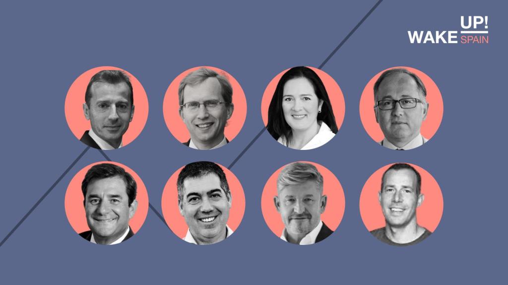 De arriba abajo y de izquierda a derecha: Guillaume Faury, Henri Poupart-Lafarge,  M-K Kennedy, Luis Gallego, César Cernuda, Martín Umarán, Wayne Griffiths  y Javier Oliván..