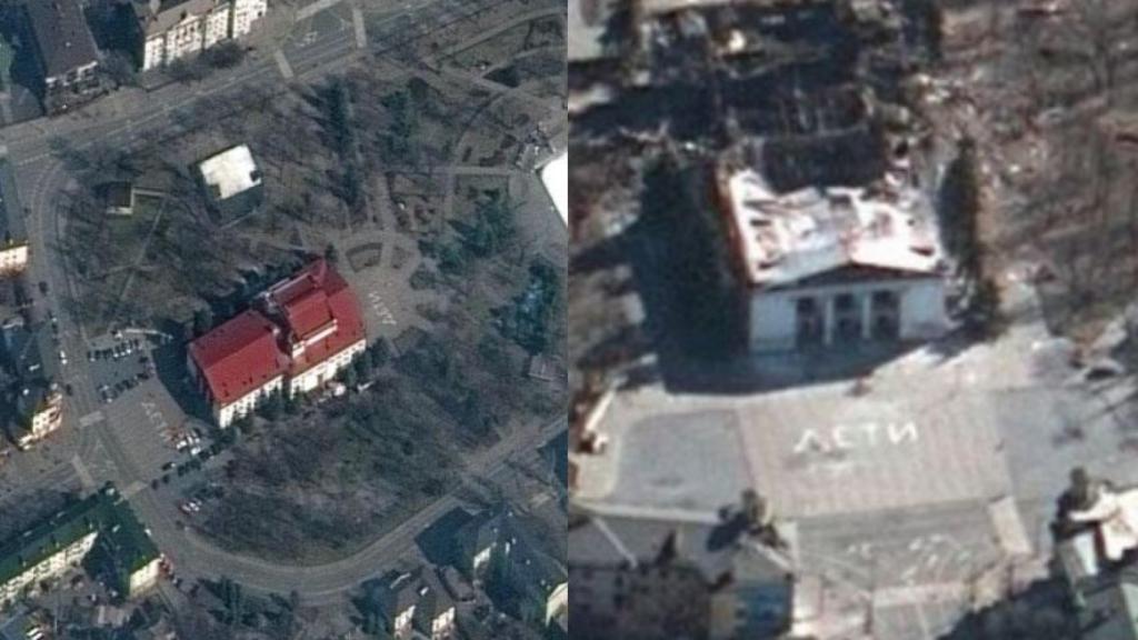 Antes y después del teatro de Mariúpol.