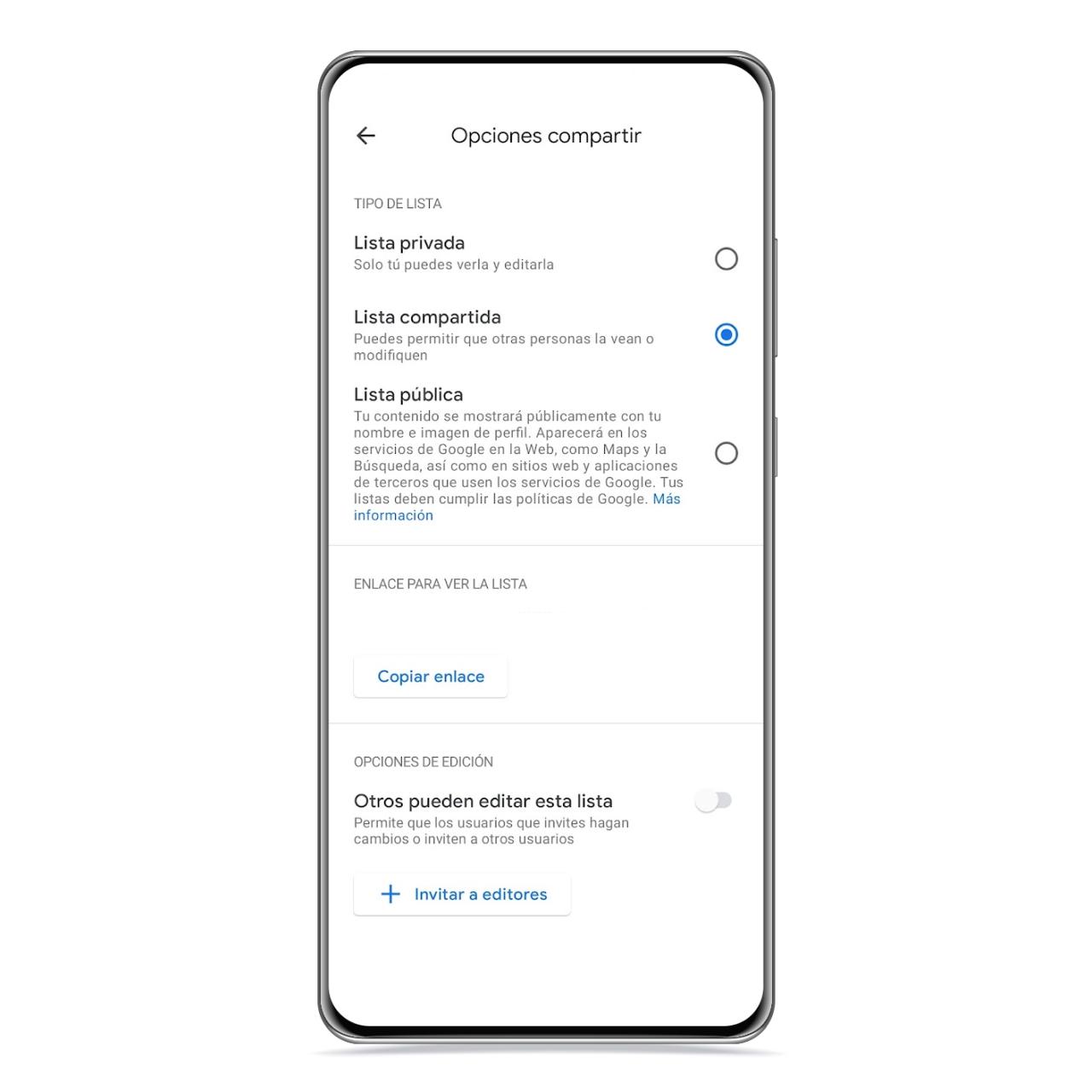 Opciones de privacidad de cada lista en Maps