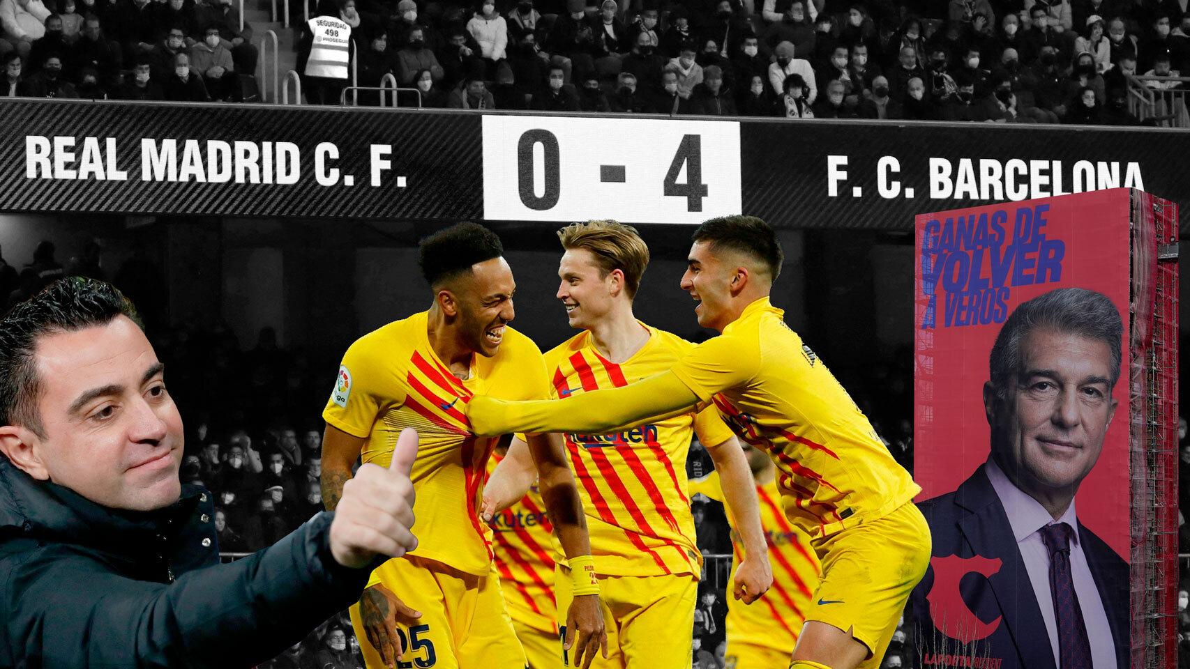 El marcador del Santiago Bernabéu tras El Clásico, en un fotomontaje con Xavi Hernández, los jugadores del Barça celebrando y la pancarta de Joan Laporta.