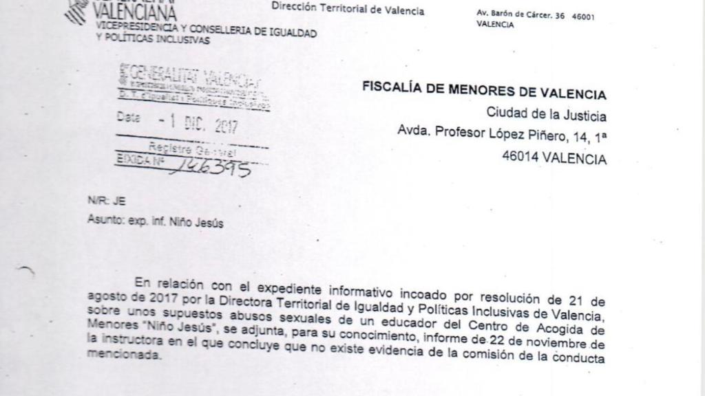 Notificación de conselleria a Fiscalía, en diciembre de 2017.