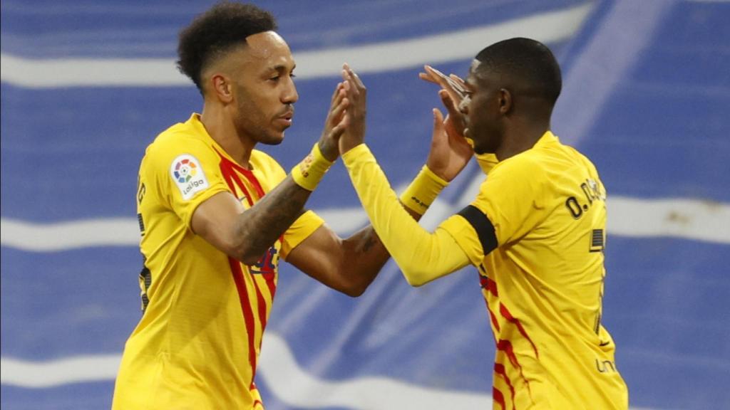 Pierre-Emerick Aubameyang y Ousmane Dembélé, con el Barça
