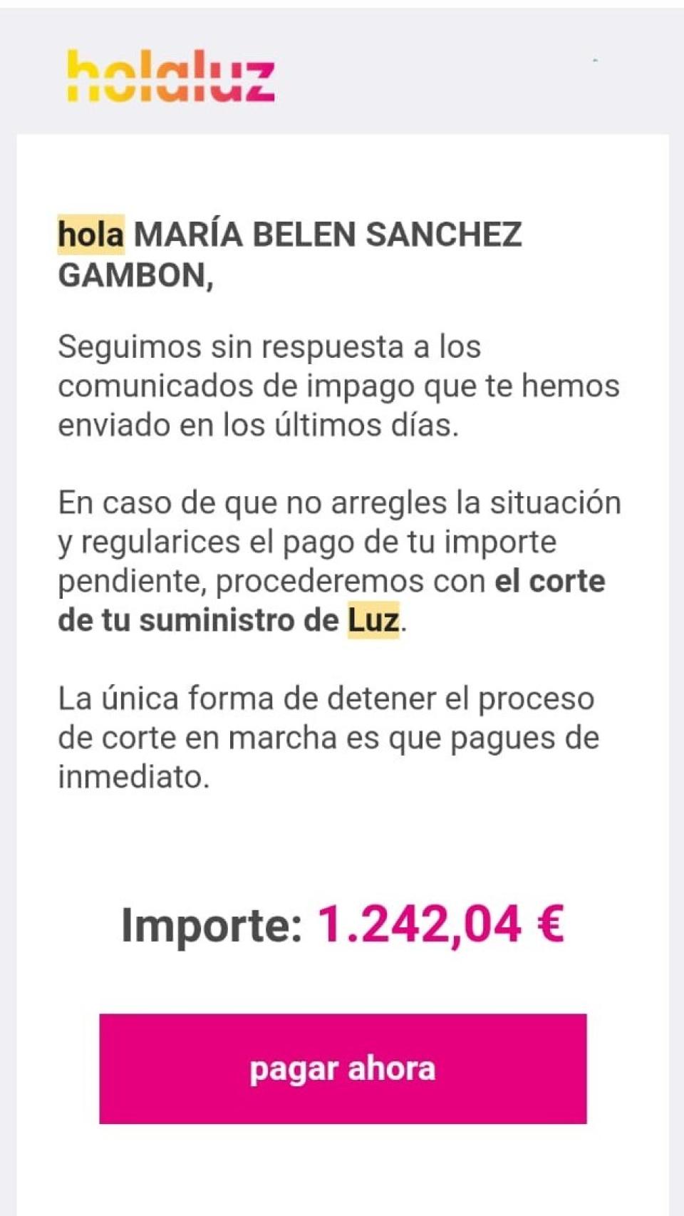 Comunicación de la compañía eléctrica informando del corte de suministro a Paco y María Belén.
