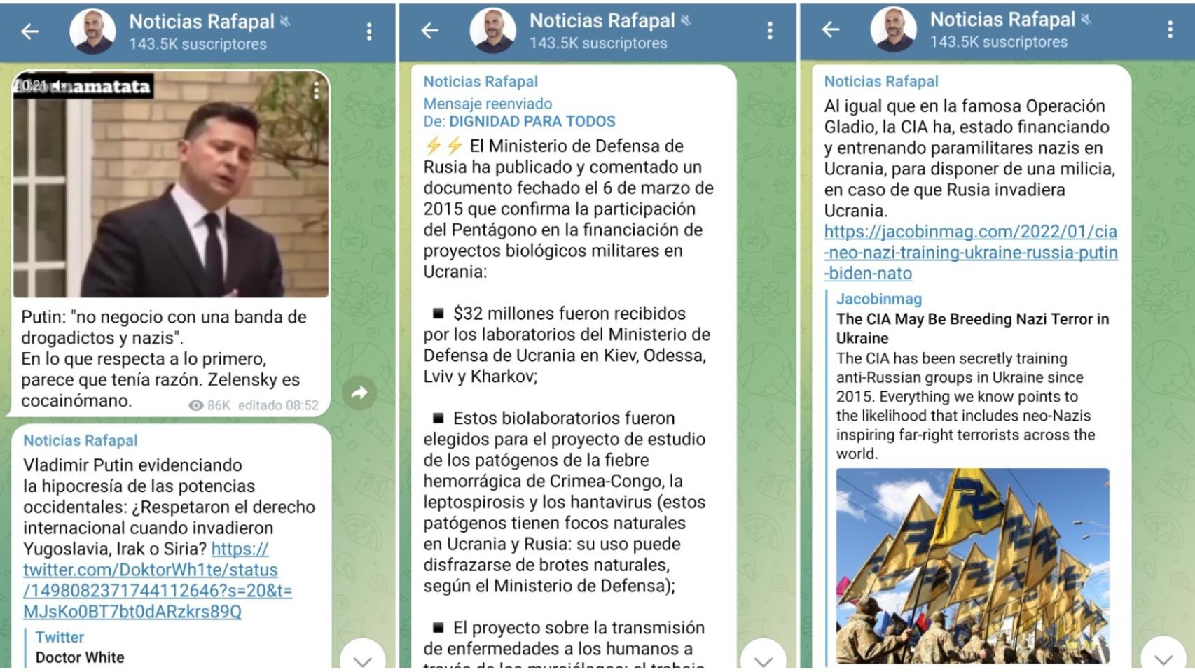 Capturas de pantalla del canal de Telegram Noticias Rafapal.