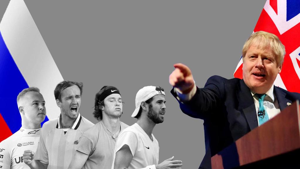 Fotomontaje de Nikita Mazepin, Daniil Medvédev, Andréi Rubliov, Karén Jachánov y Boris Johnson