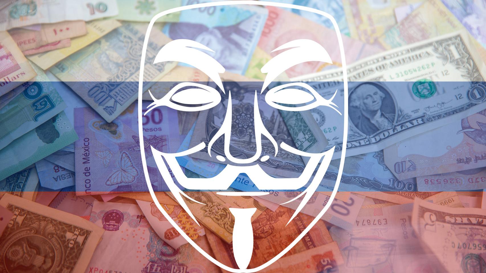 Bandera de Rusia junto al logo de Anonymous.