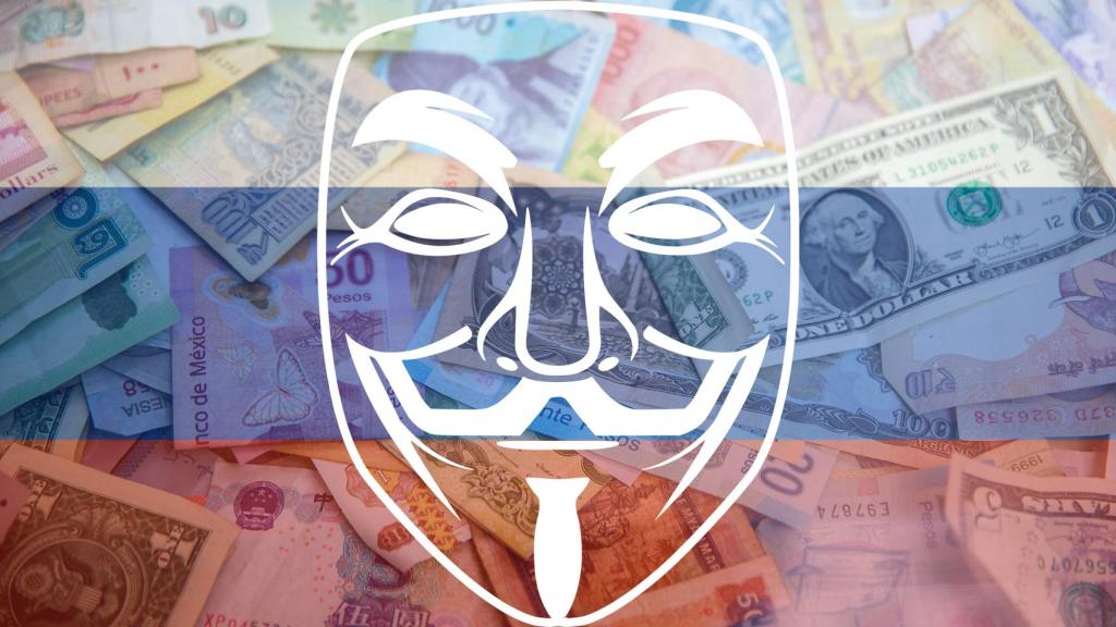 Bandera de Rusia junto al logo de Anonymous.