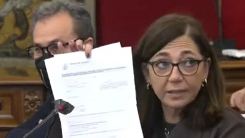 El portavoz del PSOE de Alicante, Francisco Sanguino, eclipsado por uno de los peones de Ángel Franco, Trini Amorós, en un pleno de Alicante. EE