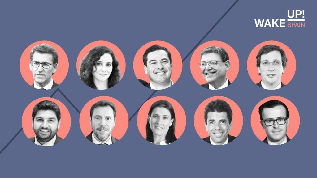 De izda a dcha. Alberto Núñez-Feijoo; Isabel Díaz Ayuso; Juan Manuel Moreno; Ximo Puig; José Luis Martínez Almeida; Fernando López Miras; Óscar Puente; Gema Igual; Diego Mazón y Miguel Ángel Gallardo.