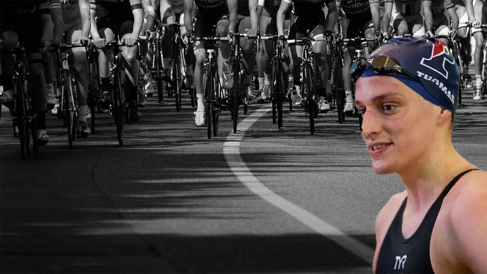 Fotomontaje de Lia Thomas y un pelotón ciclista