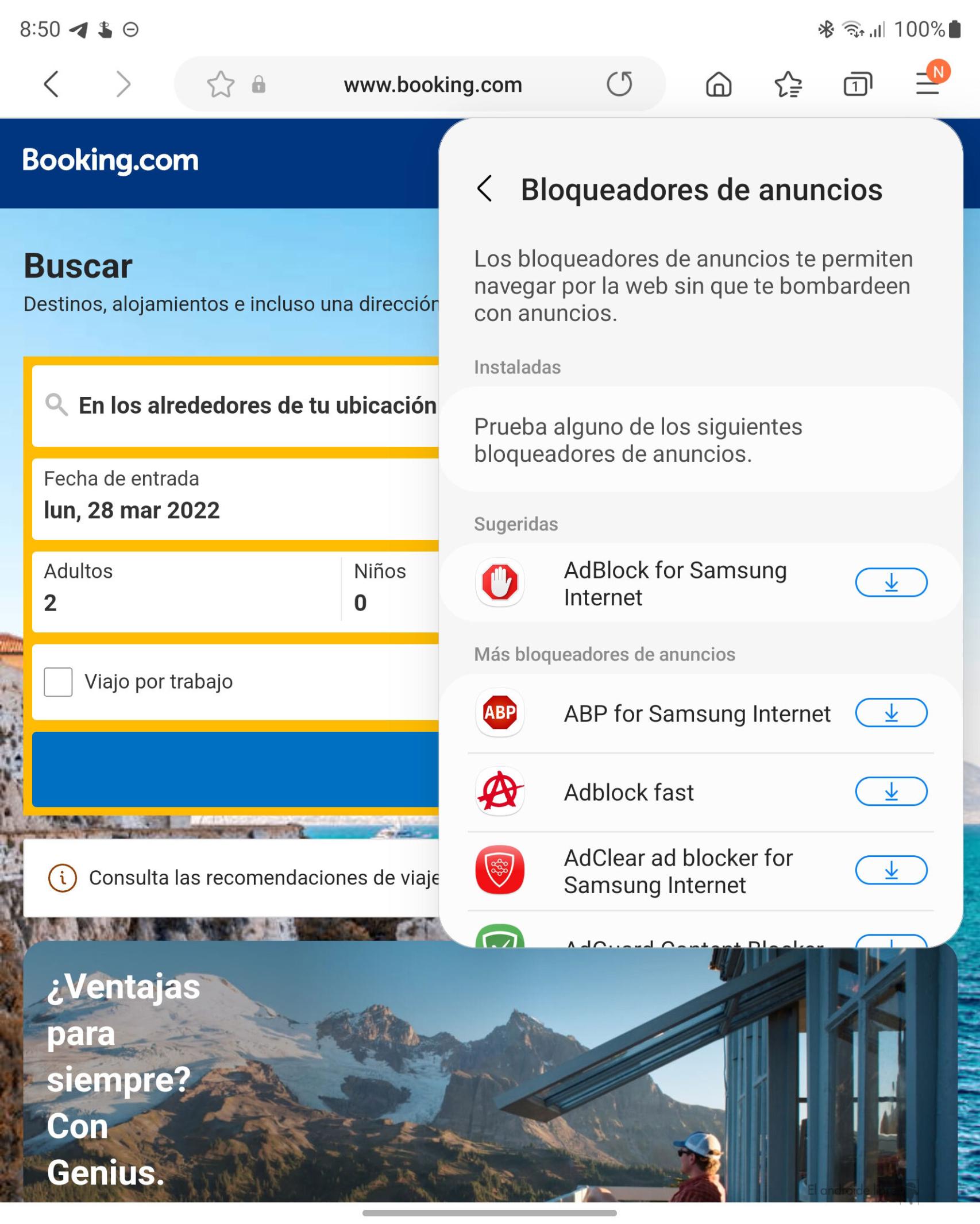 Sección de bloqueadores de anuncios en Samsung Internet