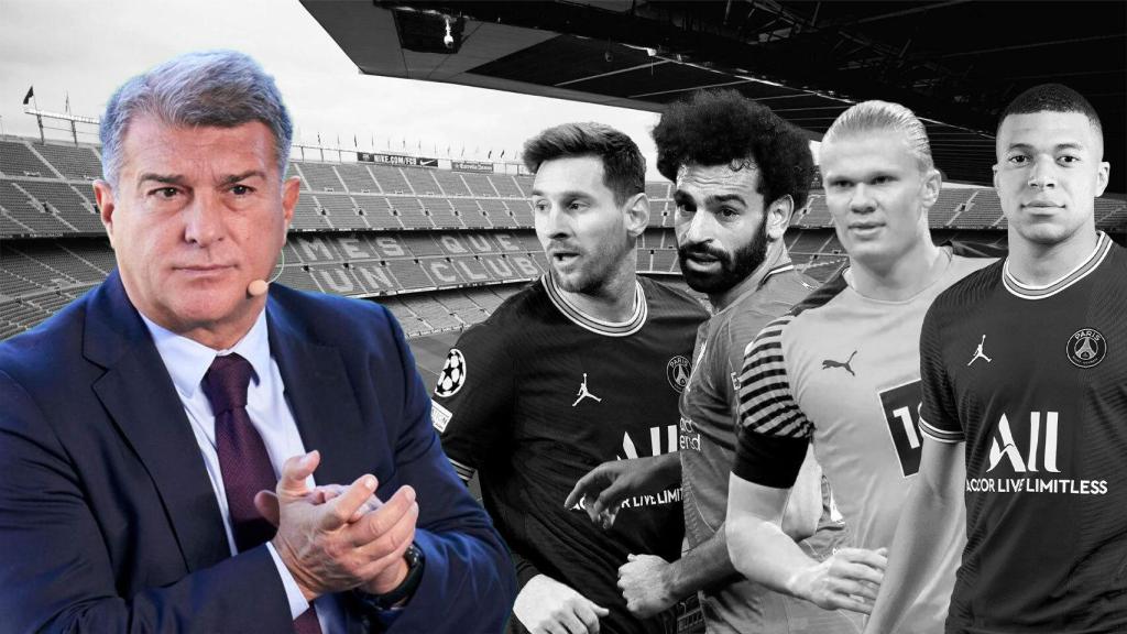 Fotomontaje de Joan Laporta, Leo Messi, Mohamed Salah, Erling Haaland y Kylian Mbappe