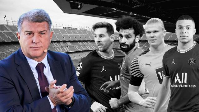 Fotomontaje de Joan Laporta, Leo Messi, Mohamed Salah, Erling Haaland y Kylian Mbappe