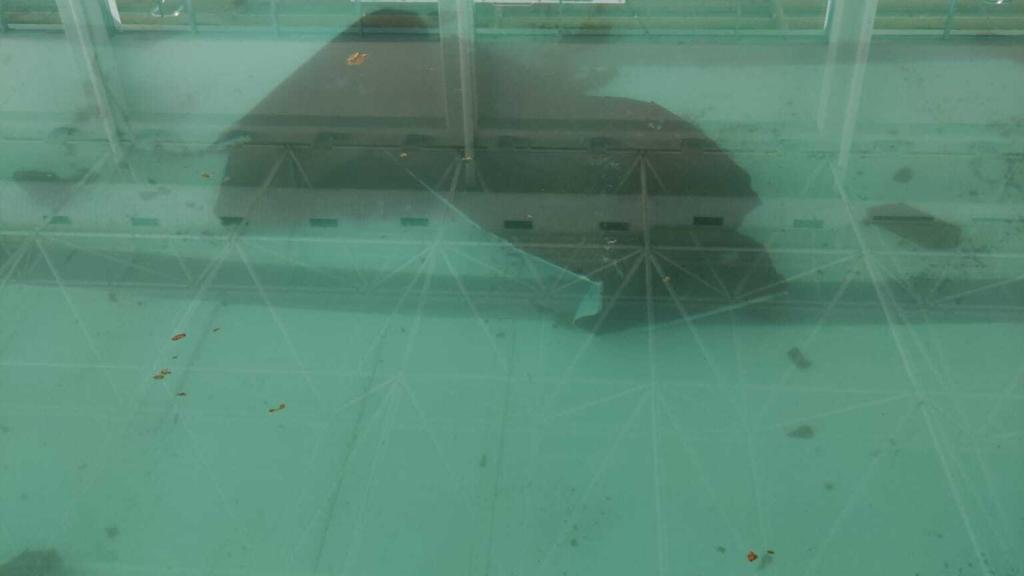 Los restos del techo en el fondo de la piscina.