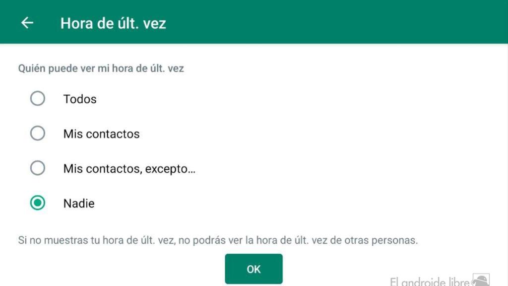 Ocultar la hora de última vez en WhatsApp
